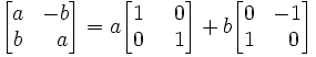 \begin{bmatrix}   a &     -b  \\   b & \;\; a   \end{bmatrix} = a \begin{bmatrix}   1 & \;\; 0  \\   0 & \;\; 1  \end{bmatrix} + b \begin{bmatrix}   0 &     -1  \\   1 & \;\; 0  \end{bmatrix}