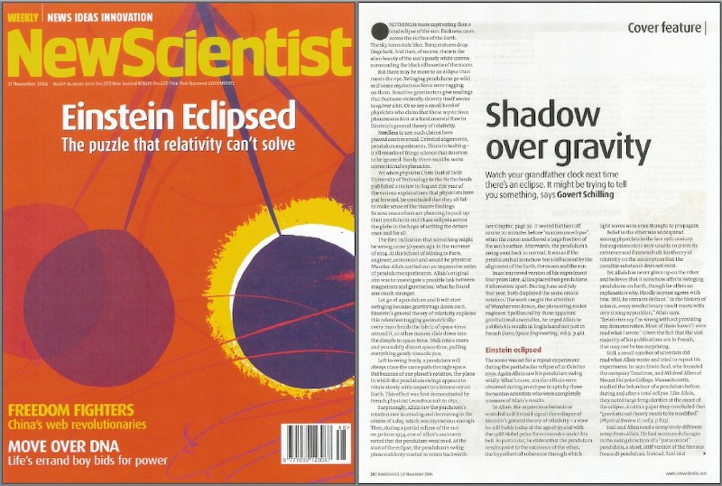 Shadow Over Gravity. By Govert Schilling. New Scientist, Issue no. 2475, 27 November 2004, pp 28-31.
Online version: The strange gravitational effect of eclipses, 24 November 2004. Archived PDF copy.